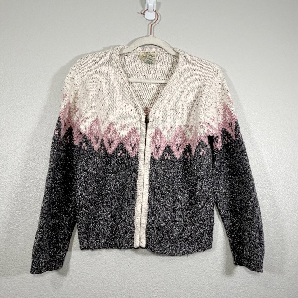 St. John's Bay Vintage Cardigan Wool Blend Zipper Gray Pink Cream Crop Women SP